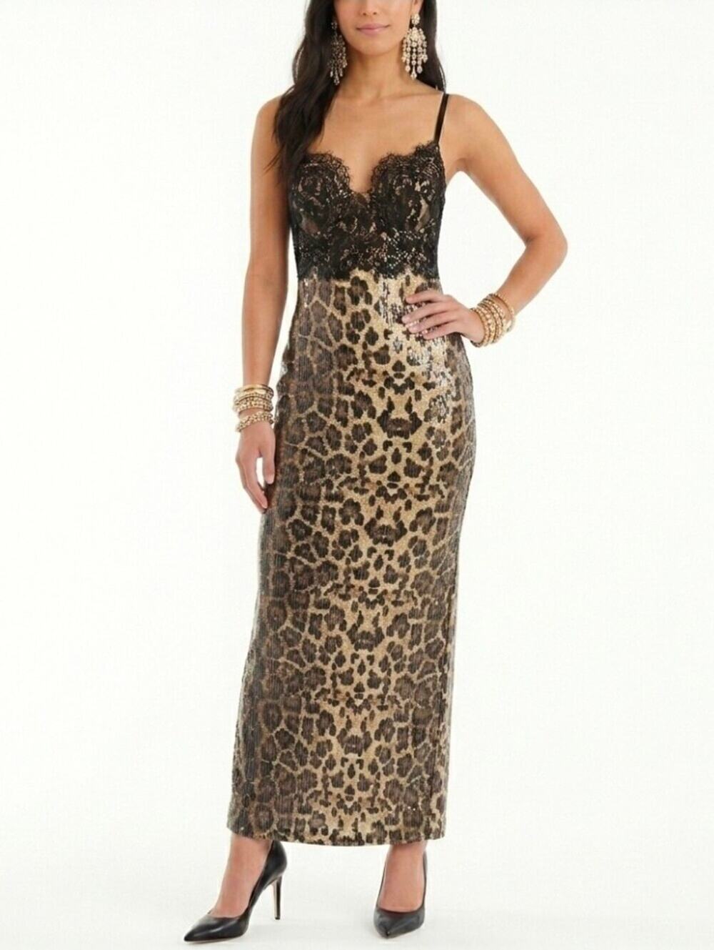 Nwt Fashion Nova Nikita Leopard Sequin Lace Evening Maxi Gown